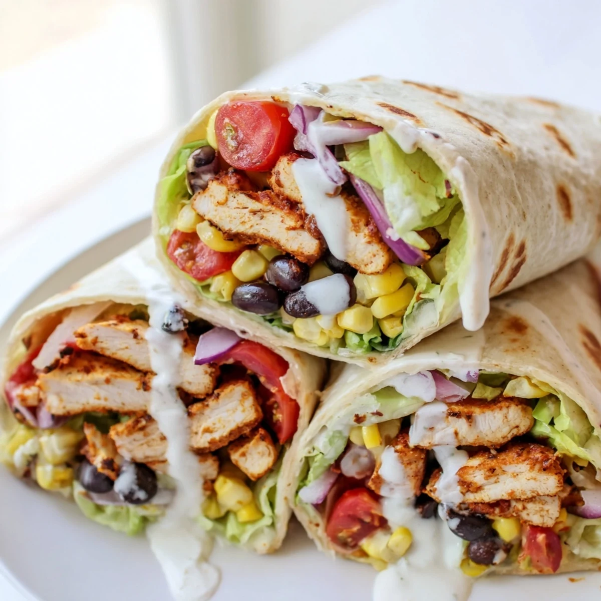Spiced Southwest chicken wraps wrapped in warm flour tortillas with creamy southwest sauce drizzled on top