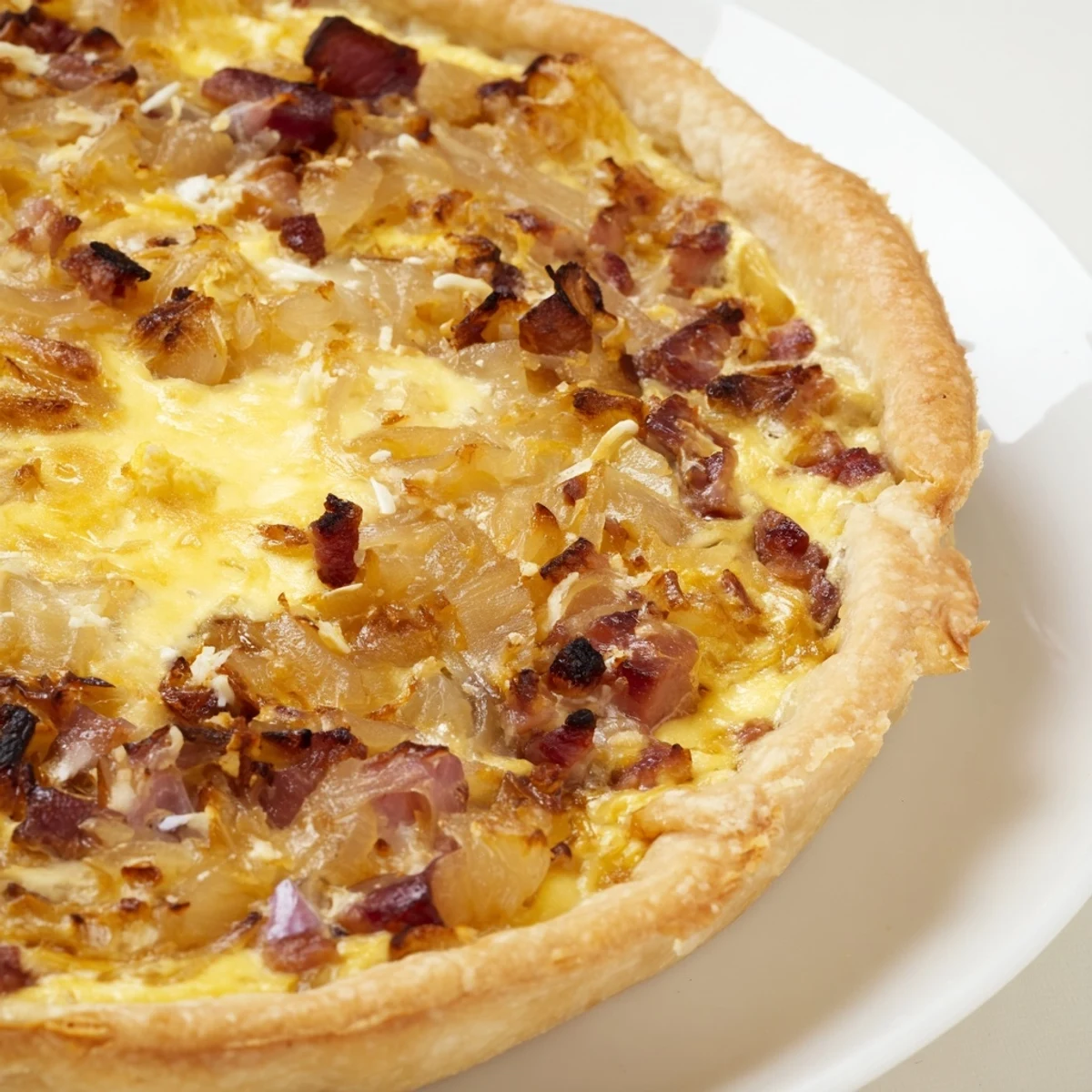 Golden German onion pie with caramelized onions and smoky bacon in a flaky pastry crust