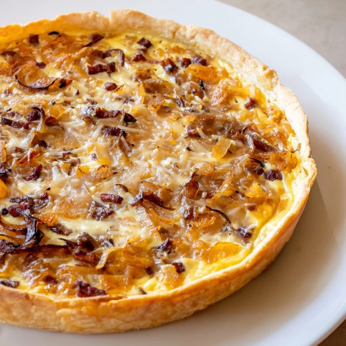 Savory German onion pie slice featuring creamy custard filling baked until golden and set