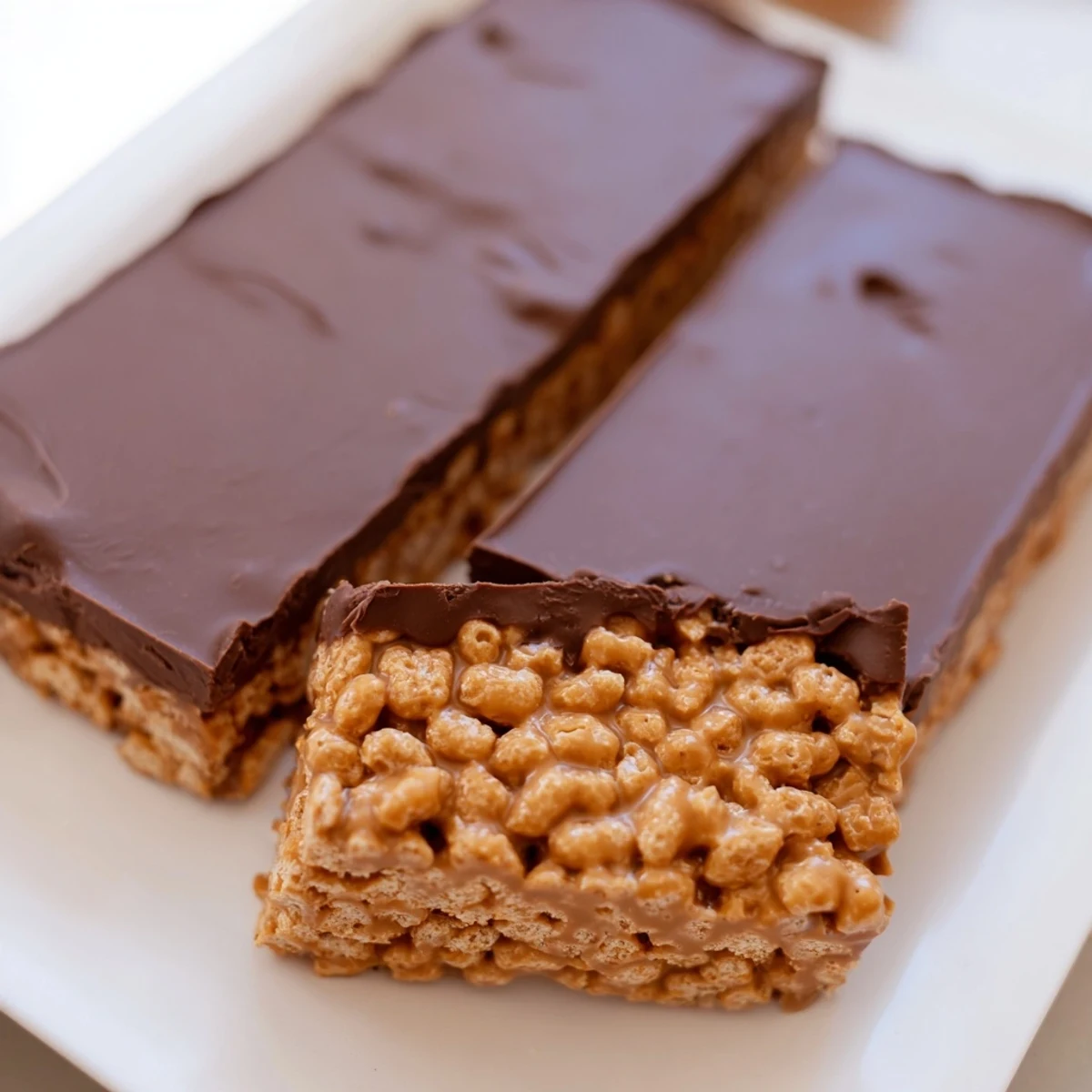Sliced gluten-free honey Chex chocolate peanut butter bars display the chocolate coating and textured cereal beneath
