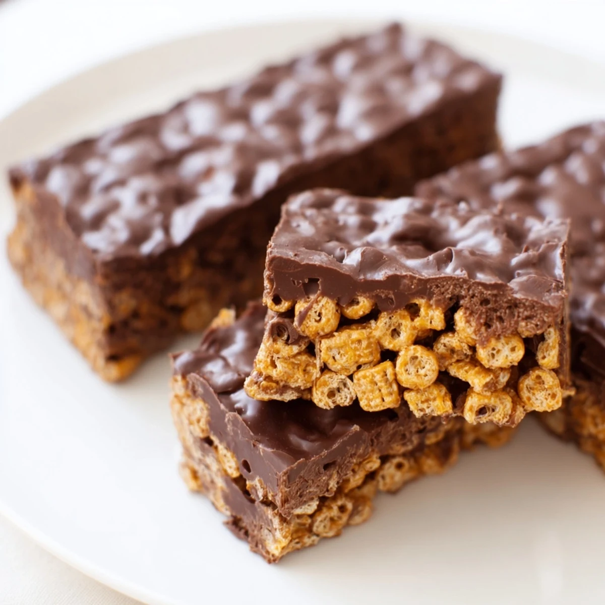 Gooey chocolate tops these easy gluten-free honey Chex peanut butter bars, freshly cut into squares for serving