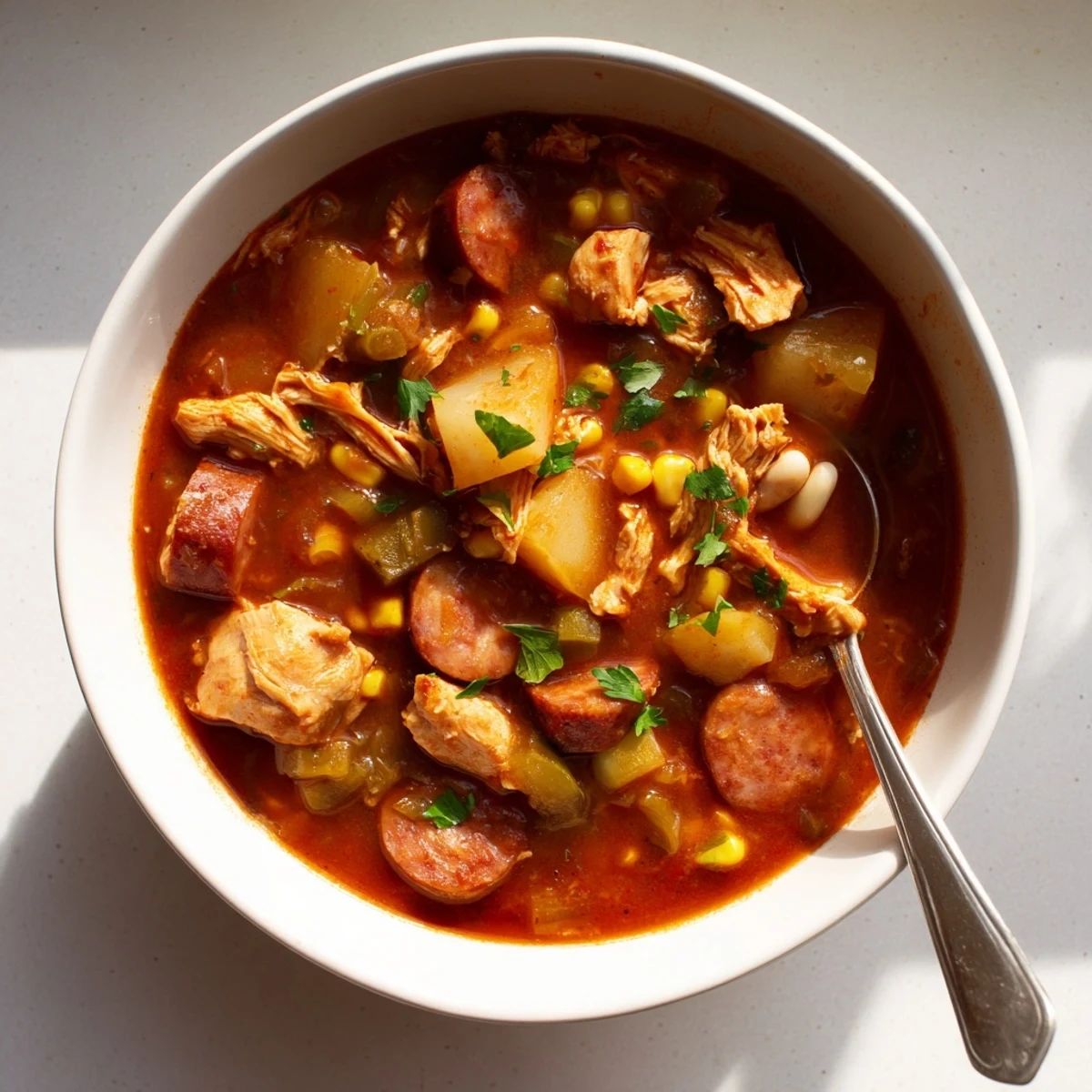 Steaming Brunswick Stew featuring corn, lima beans, and smoked meats simmered to thick, comforting perfection in a Dutch oven