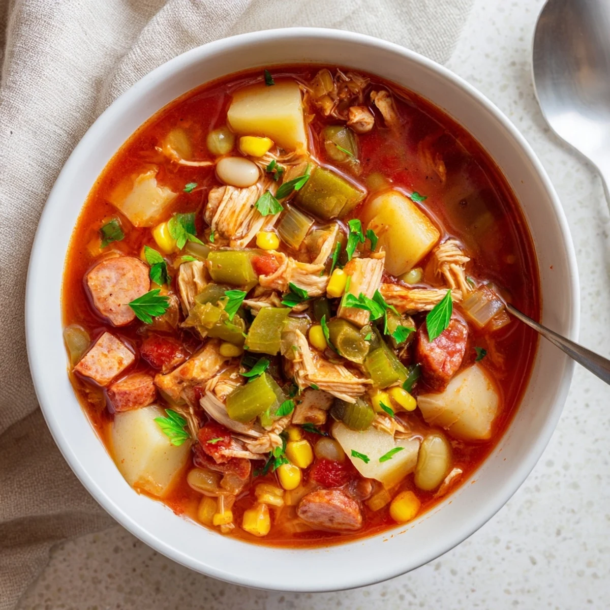 Spoonful of Southern Brunswick Stew showcasing chunks of potato, sausage, and shredded chicken in a tangy, smoky red sauce
