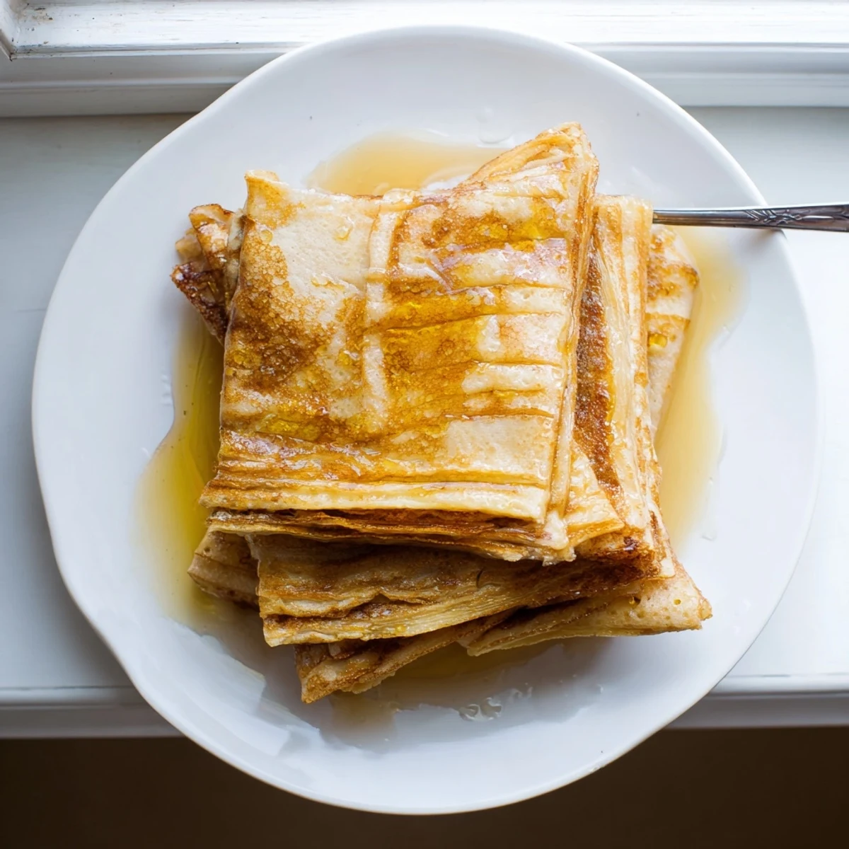 Warm Meloui breakfast pancakes cooked to perfection on a griddle, showcasing their signature buttery layers and crispy edges
