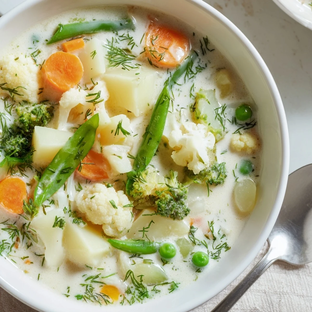 Creamy Finnish Kesäkeitto soup with colorful fresh vegetables floating in rich white broth
