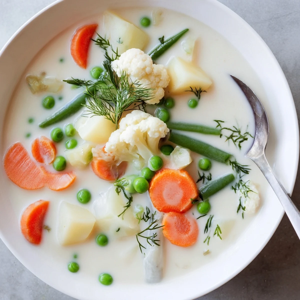 Golden Finnish Kesäkeitto garnished with fresh dill served beside traditional rye bread slices