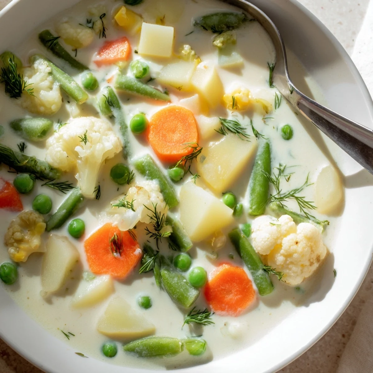 Bowl of Finnish Kesäkeitto showcasing tender new potatoes carrots cauliflower and green beans