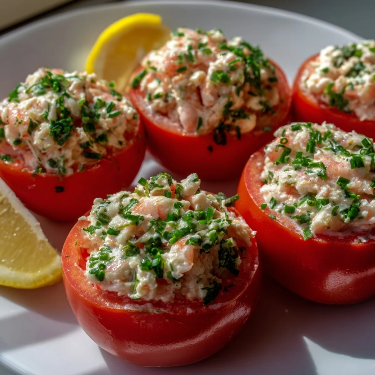 Golden Belgian tomatoes aux crevettes filled with creamy shrimp salad and fresh green herbs
