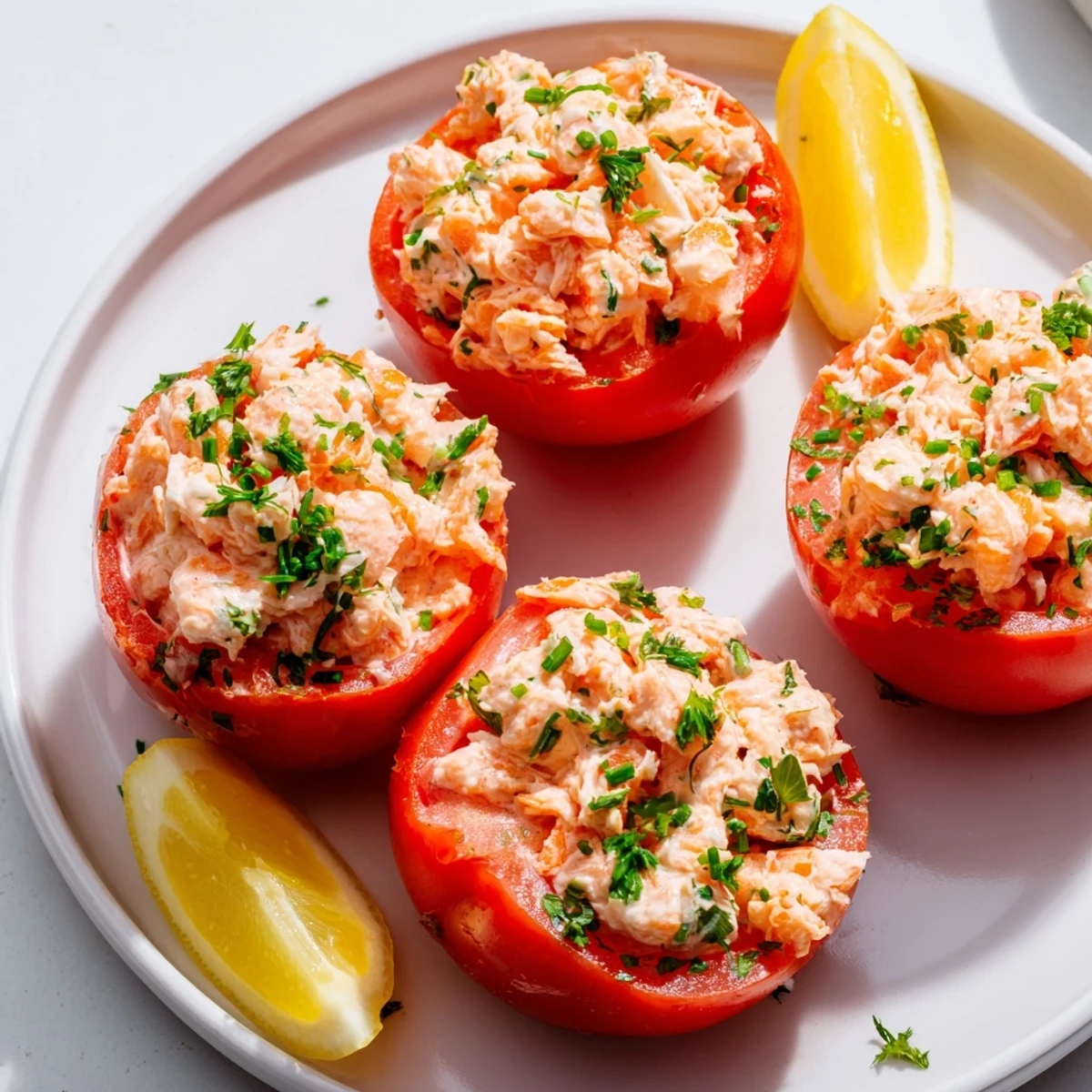 Elegant chilled tomatoes aux crevettes garnished with lemon wedges and chopped parsley on white platter