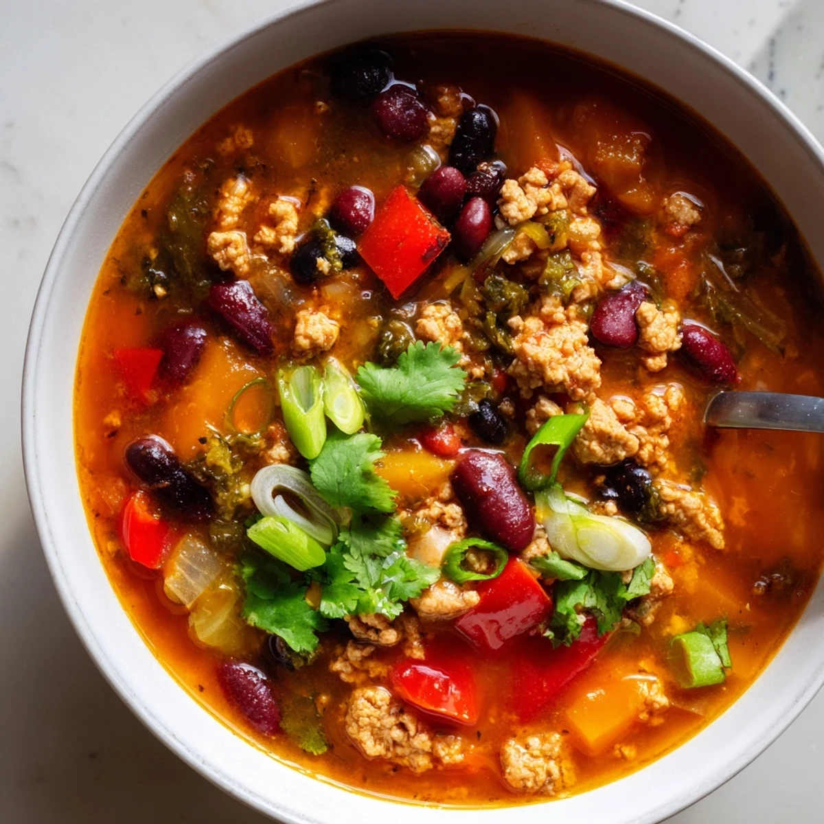 Hearty turkey pumpkin chili simmered with tender beans and warming spices in a rustic pot