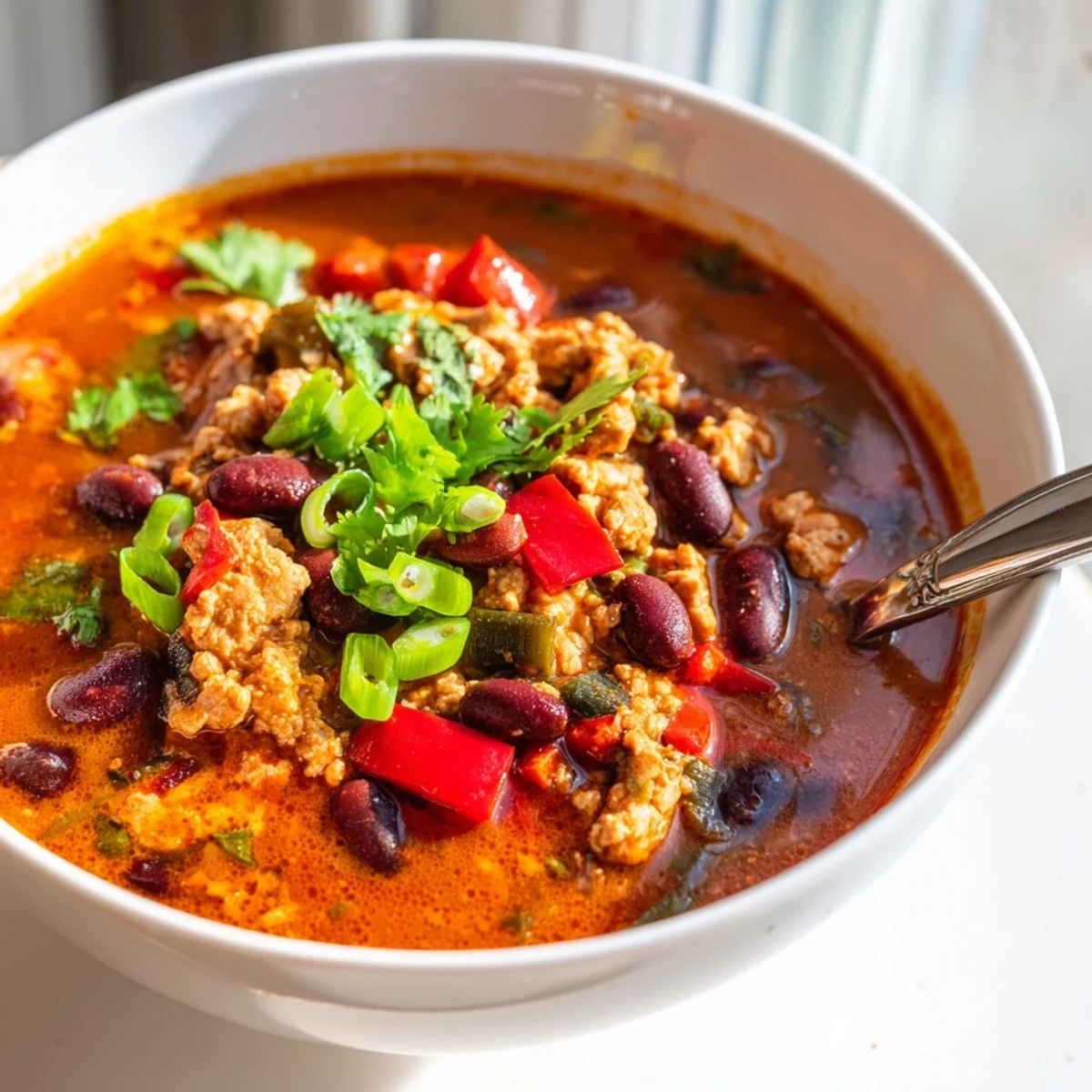 Steamy bowl of turkey pumpkin chili topped with fresh cilantro and melted shredded cheese