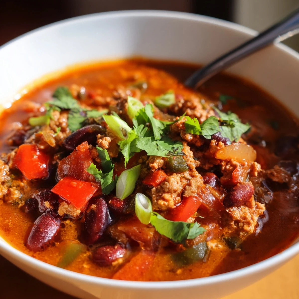 Creamy turkey pumpkin chili featuring ground turkey and colorful kidney beans garnished with green onions