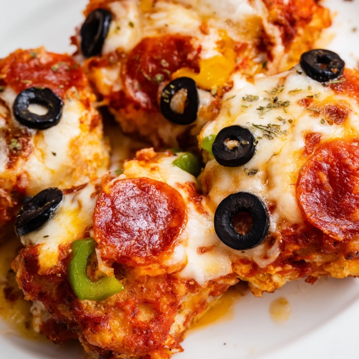 Family-style Bubble Up Biscuit Pizza Casserole featuring layers of pepperoni olives and gooey cheddar cheese