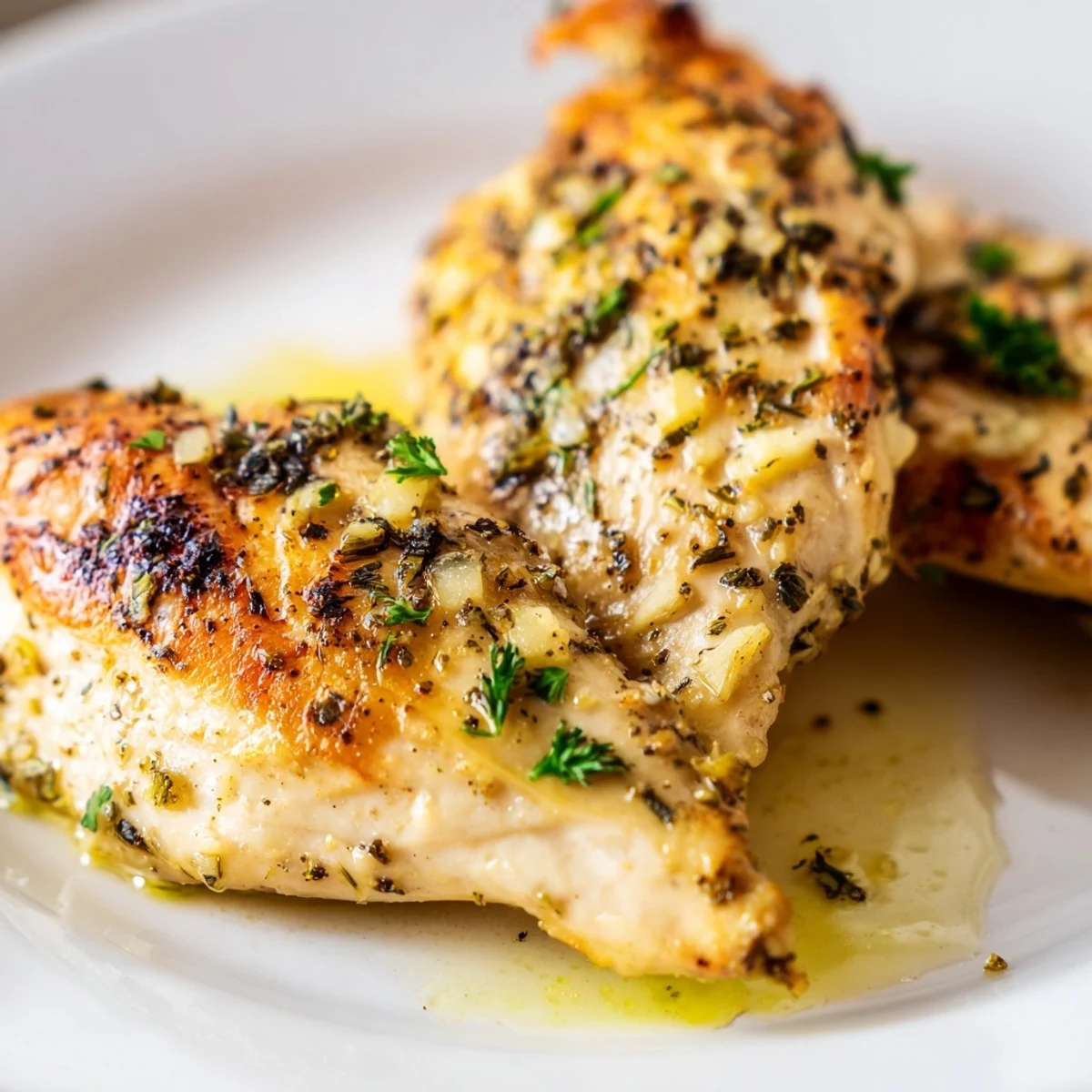 Golden garlic herb chicken breast resting beside creamy mashed potatoes and honey-glazed carrots on a white dinner plate