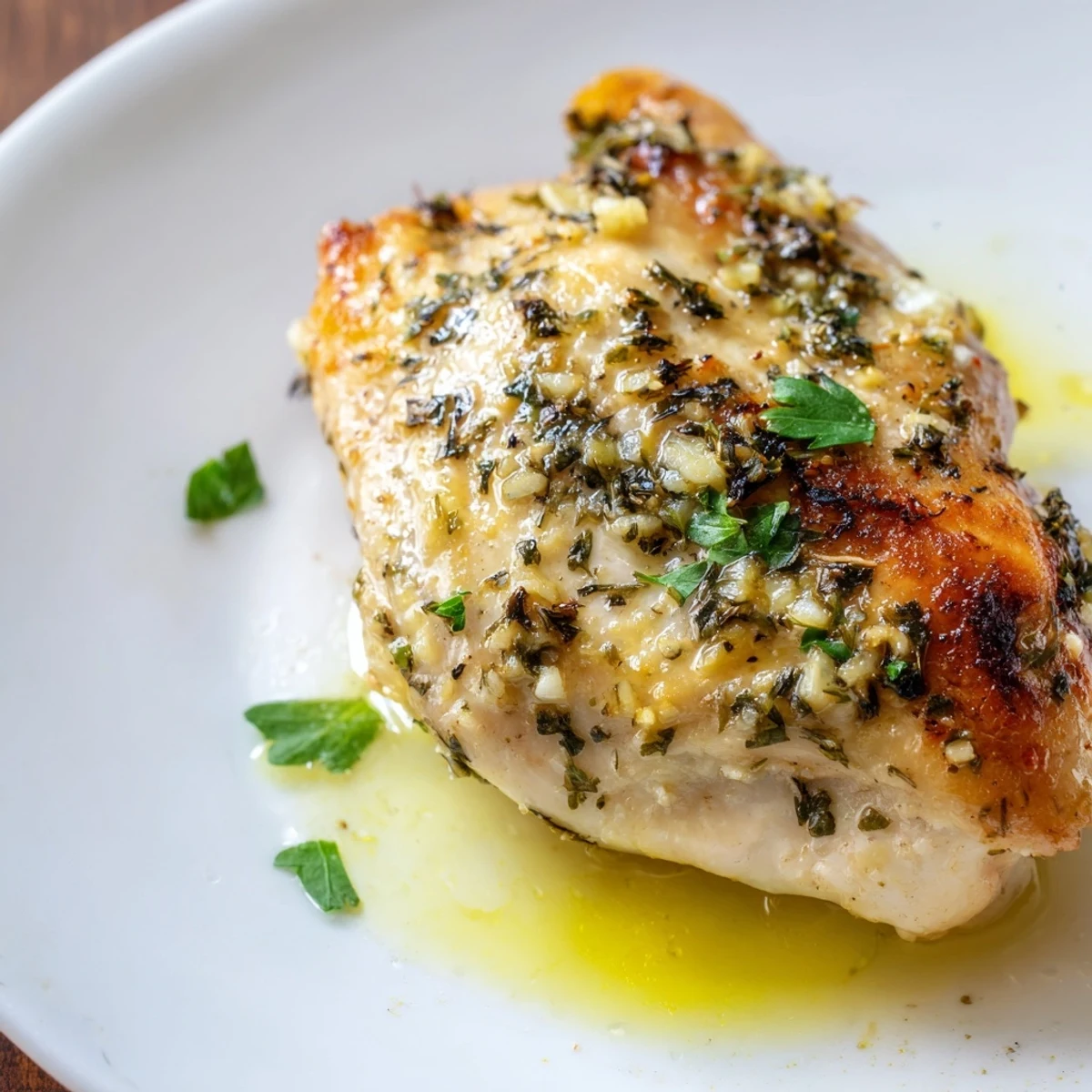 Juicy garlic-marinated chicken plated with smooth mashed potatoes and tender honey-coated carrots garnished with fresh parsley