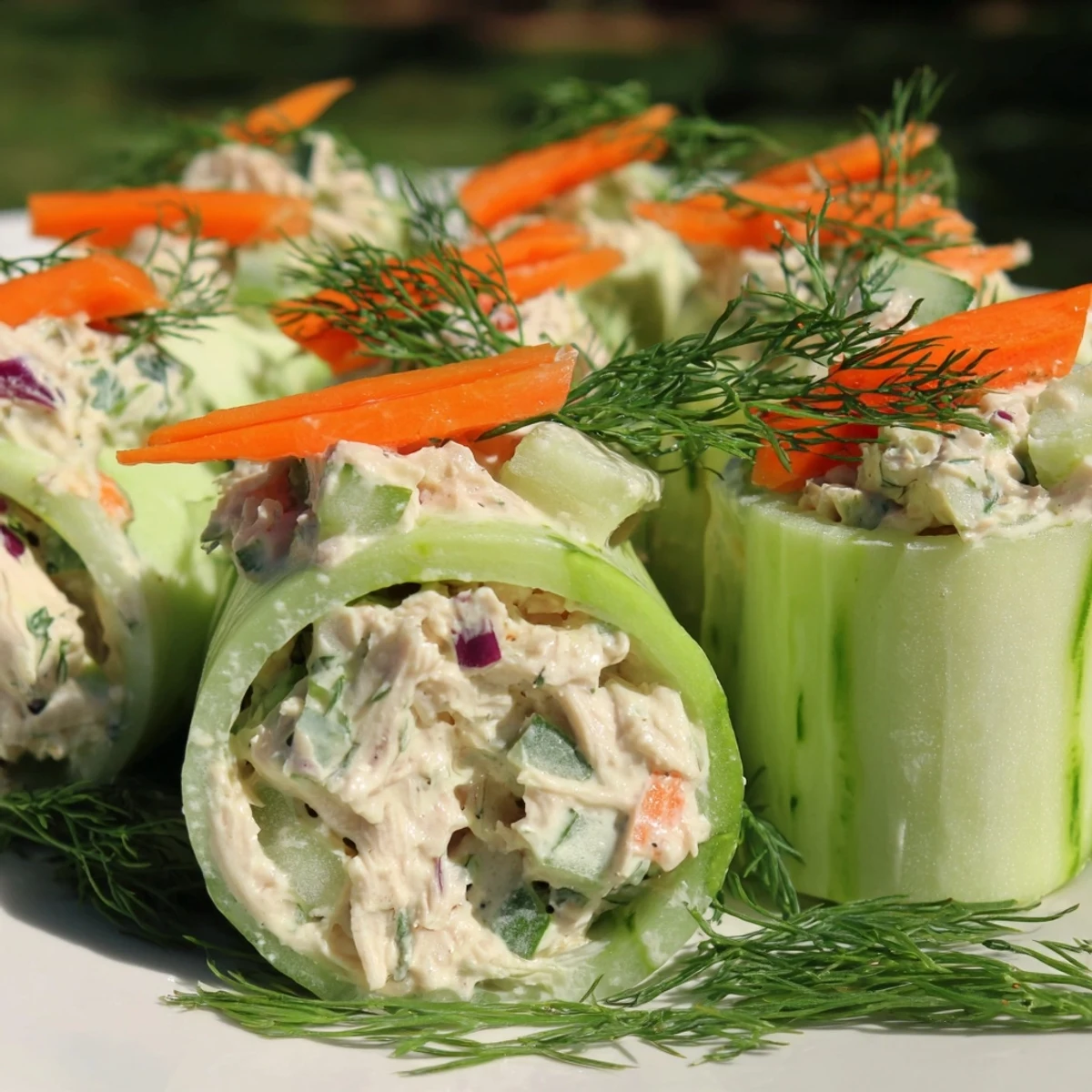 Fresh cucumber ribbon rolls filled with creamy chicken salad for a light appetizer