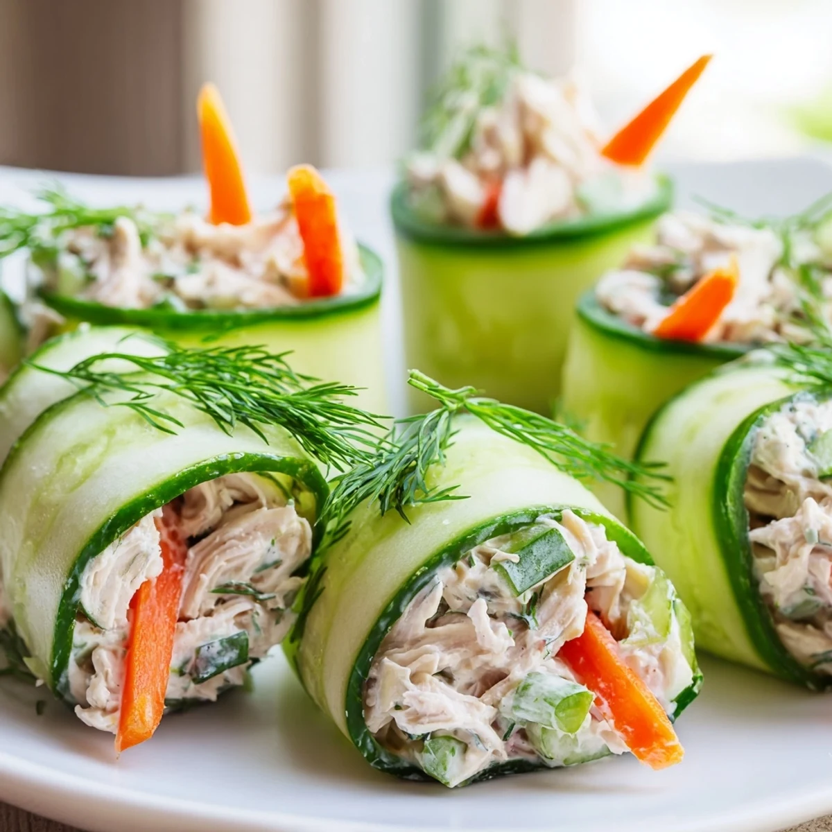 Crisp cucumber slices wrapped around savory chicken salad, perfect for low-carb snacking