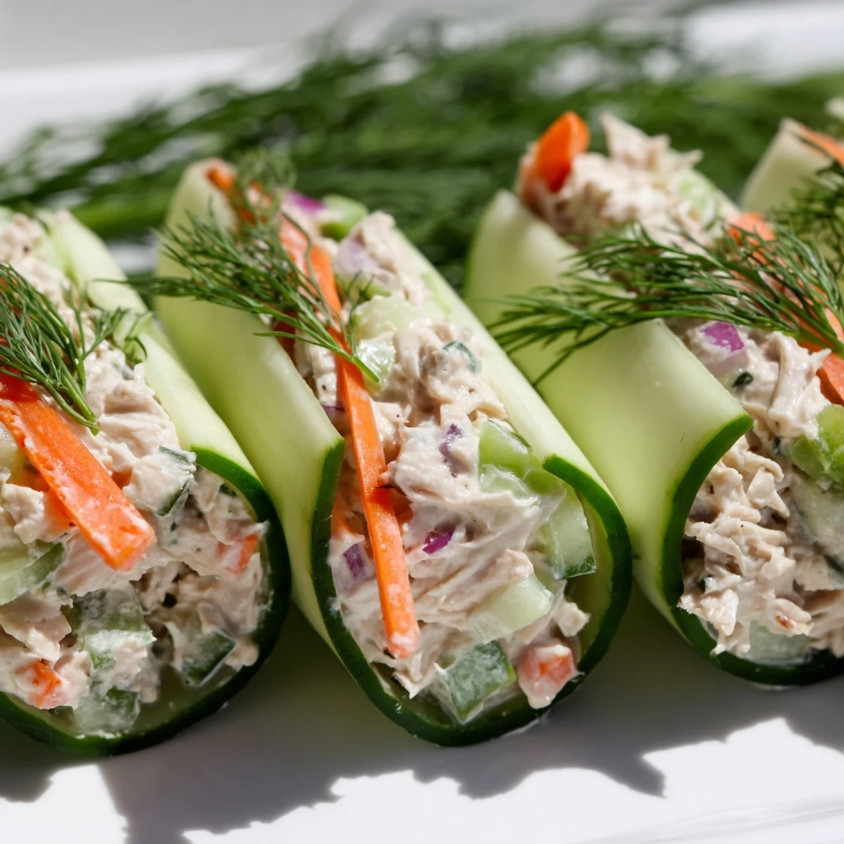 Creamy chicken salad filling rolled inside thin cucumber ribbons, served as bite-sized appetizers