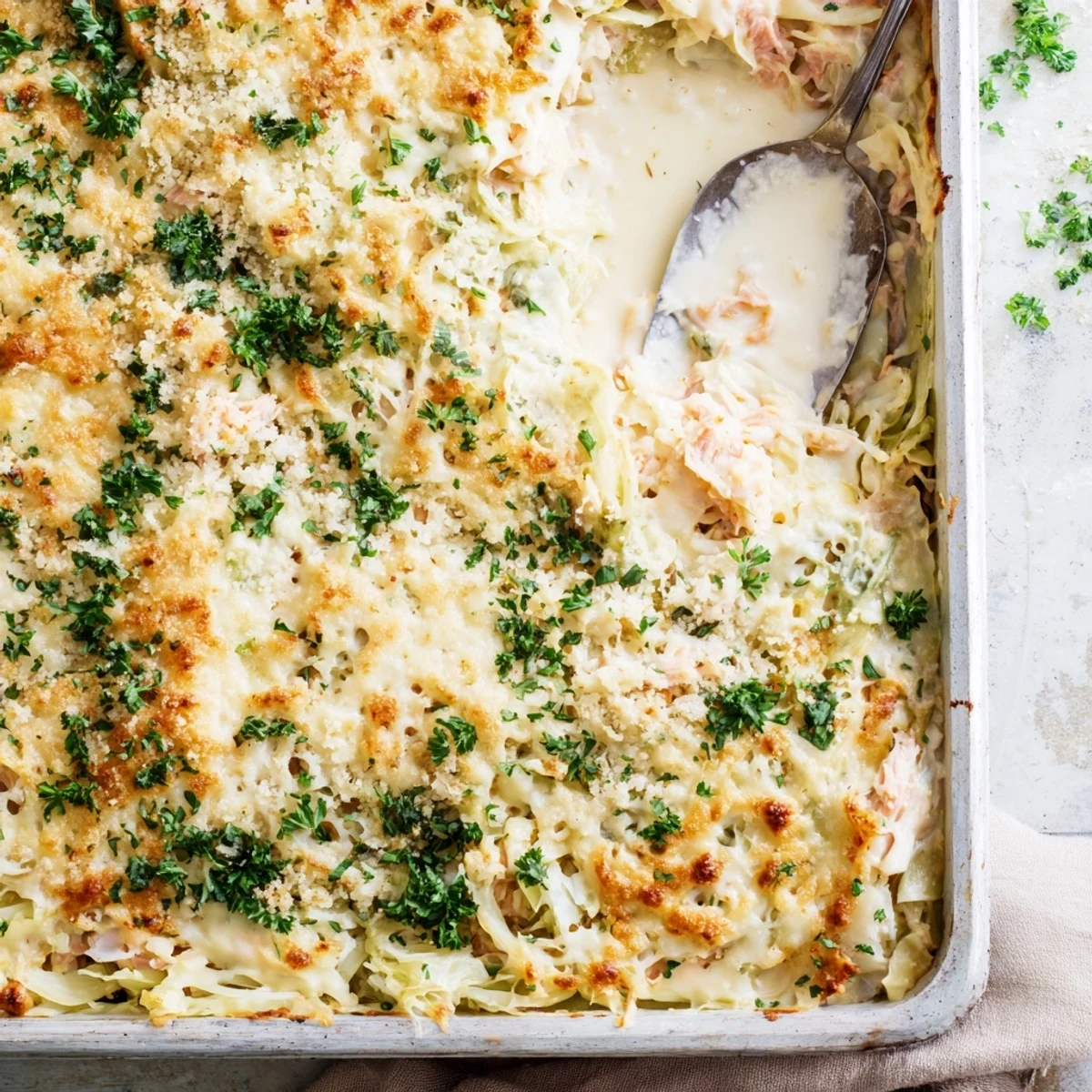 Golden bubbly corned beef cabbage parmesan bake fresh from oven with melted cheese topping