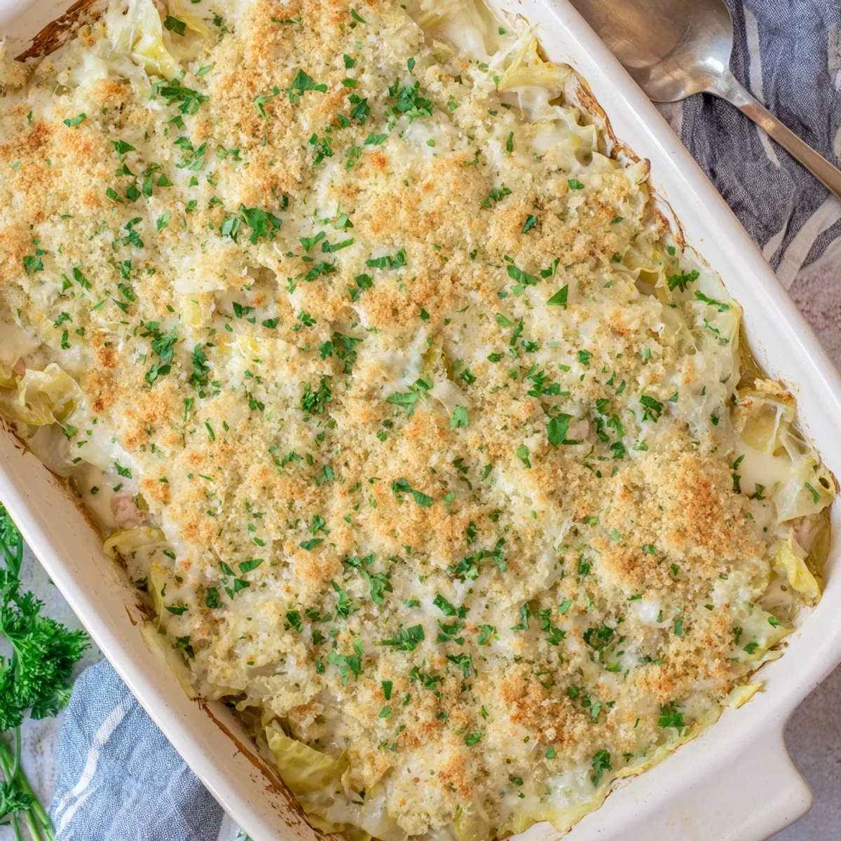 Creamy corned beef cabbage parmesan bake casserole served in white baking dish with parsley garnish