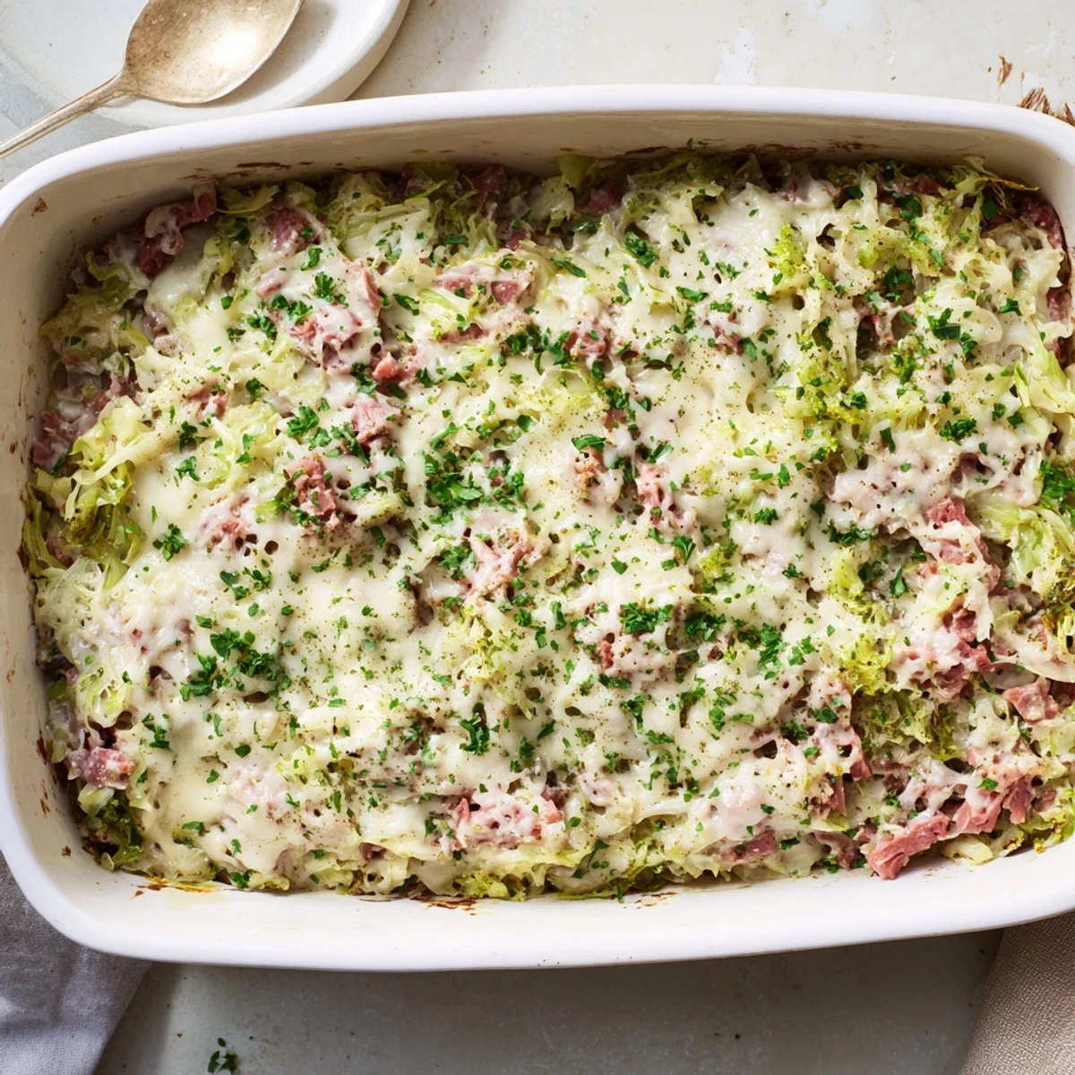 Spoonful of tender corned beef cabbage parmesan bake showing creamy sauce and shredded cabbage layers