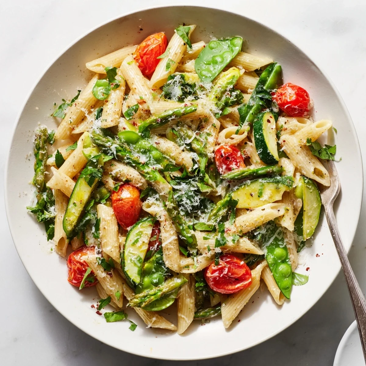 Golden one pot spring vegetable pasta with tender asparagus and cherry tomatoes