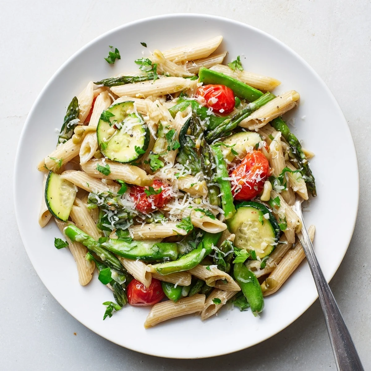 Creamy one pot spring vegetable pasta topped with grated Parmesan and fresh herbs