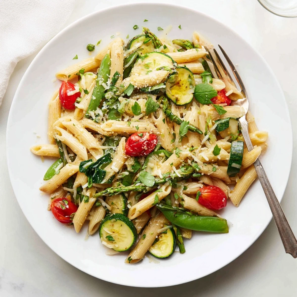 Colorful penne pasta dish featuring fresh spring vegetables in a single pot