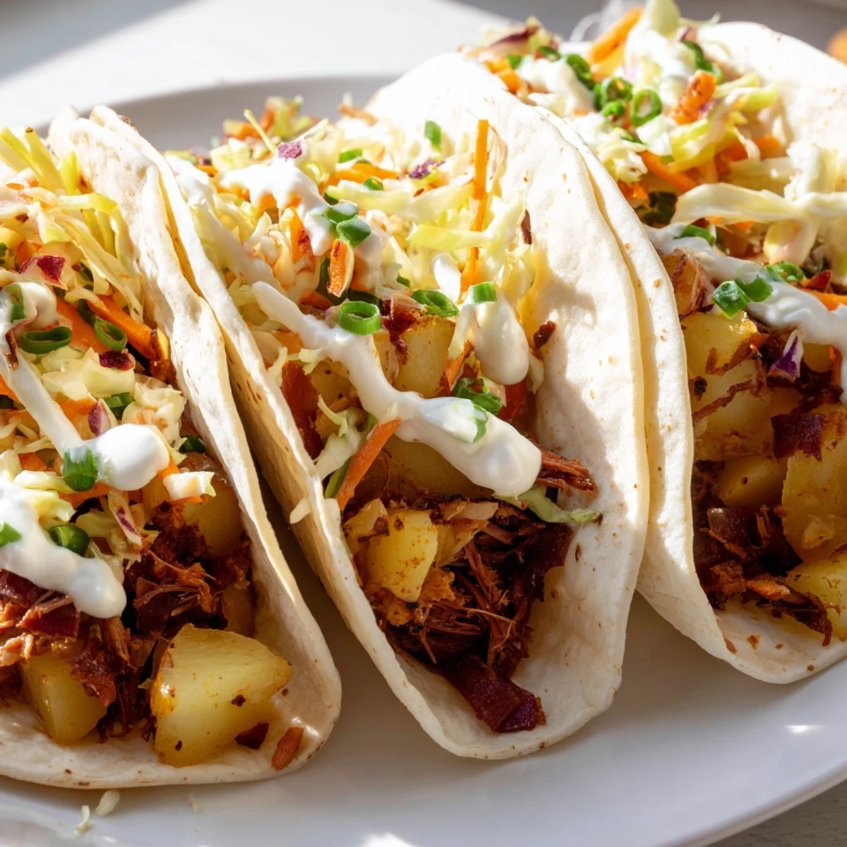 Golden corned beef and crispy potato tacos topped with crunchy cabbage slaw and sour cream