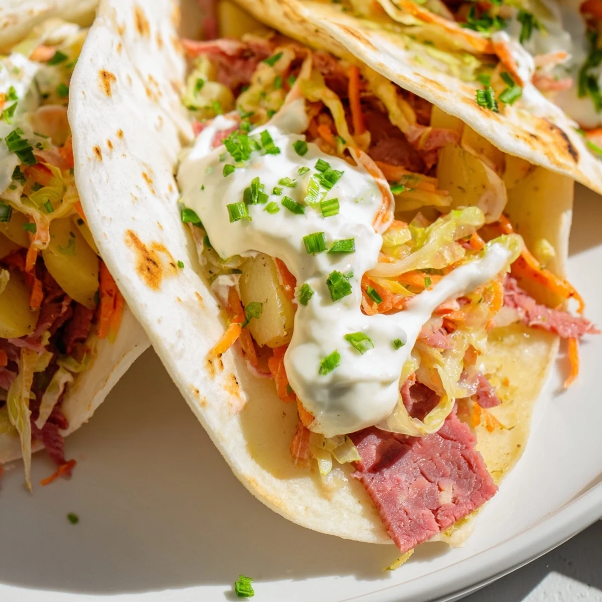 Warm flour tortillas filled with savory Irish tacos featuring tender corned beef and fresh vegetable slaw