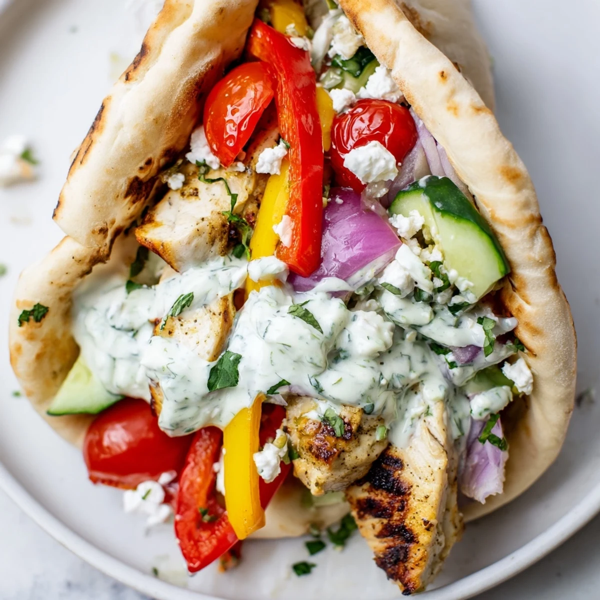 Warm pita bread overflowing with spiced chicken peppers onions and tangy homemade ranch dressing