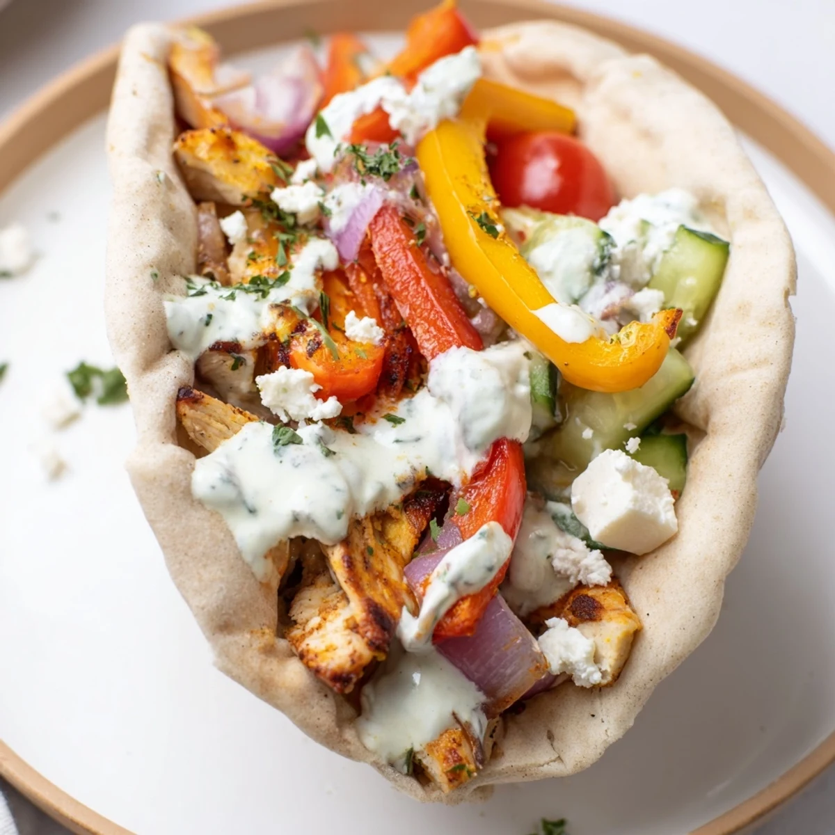 Golden sheet pan chicken pitas stuffed with roasted vegetables and creamy herby ranch sauce