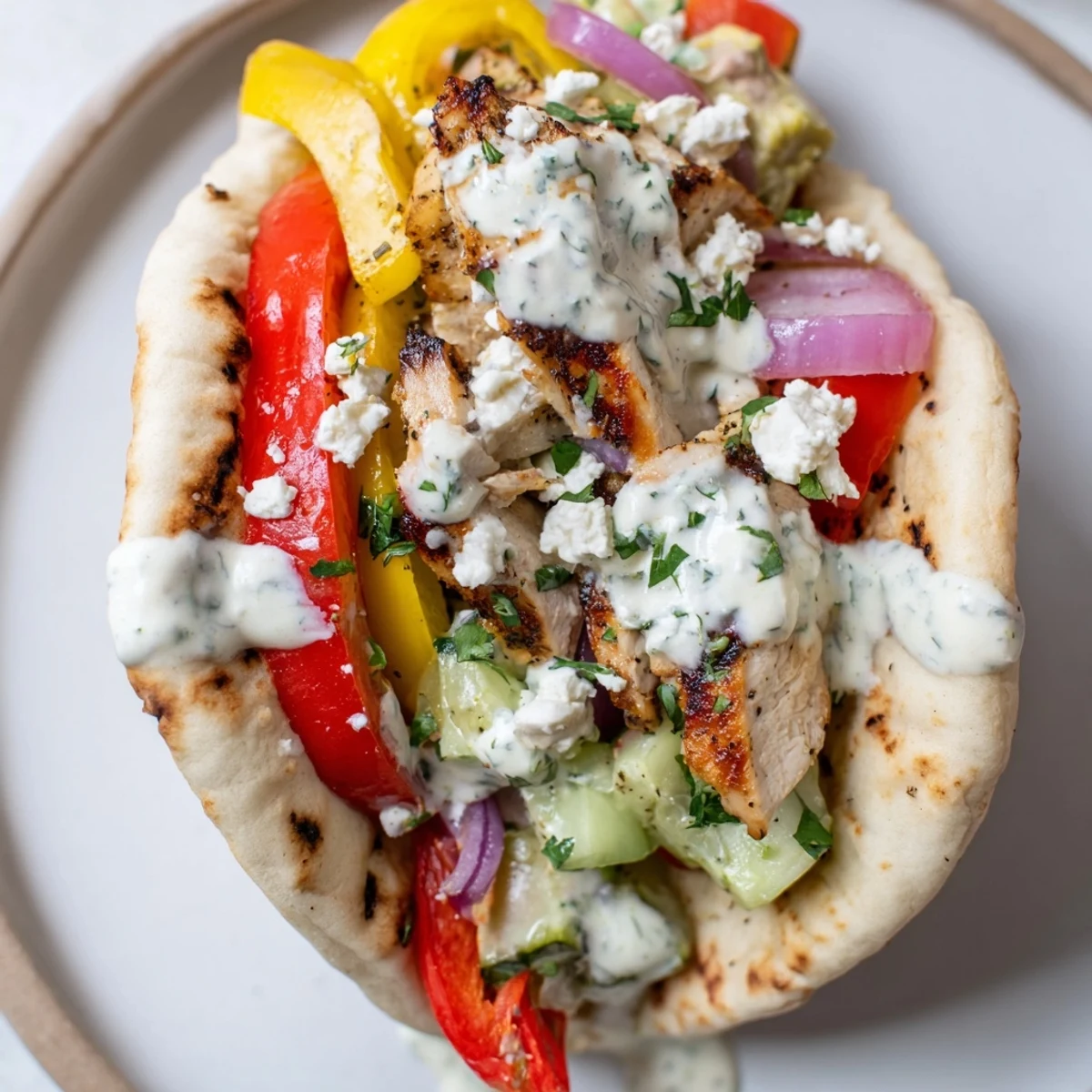 Delicious chicken and vegetable sheet pan pitas topped with fresh herbs and cool ranch sauce
