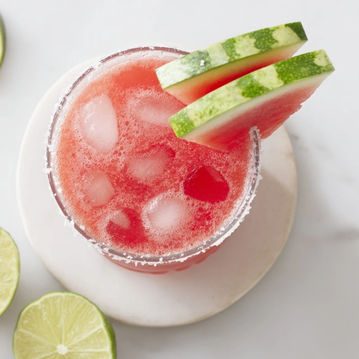 Garnished watermelon margarita mocktail with fresh lime wedge and watermelon slice on salted rim