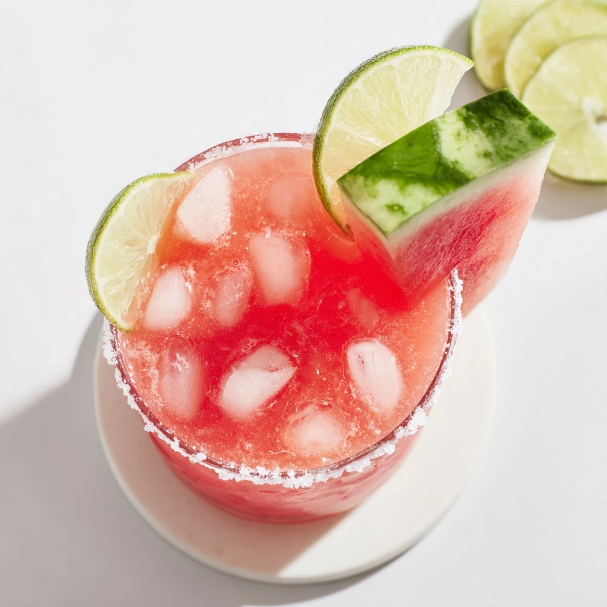 Vegan watermelon margarita mocktail in sugar-rimmed glass topped with vibrant lime and fruit garnish