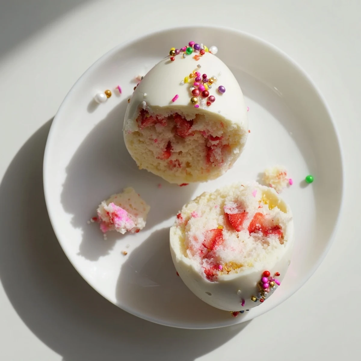 Creamy strawberry shortcake Easter egg bombs with white chocolate shells and pastel sprinkles on a decorative plate