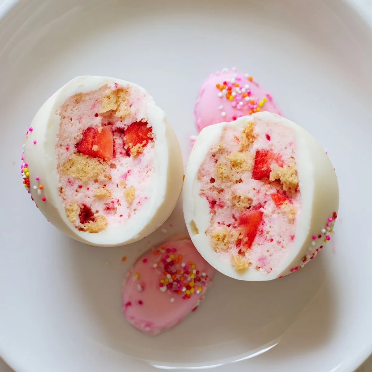 White chocolate Easter egg bombs filled with fluffy strawberry shortcake mixture and topped with edible gold leaf