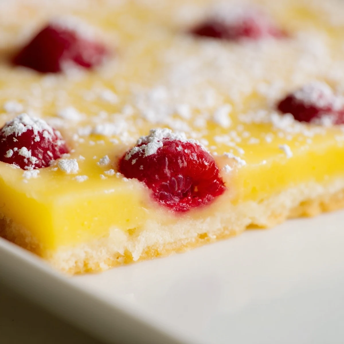Golden lemon raspberry bars with buttery shortbread crust and fresh fruit swirls