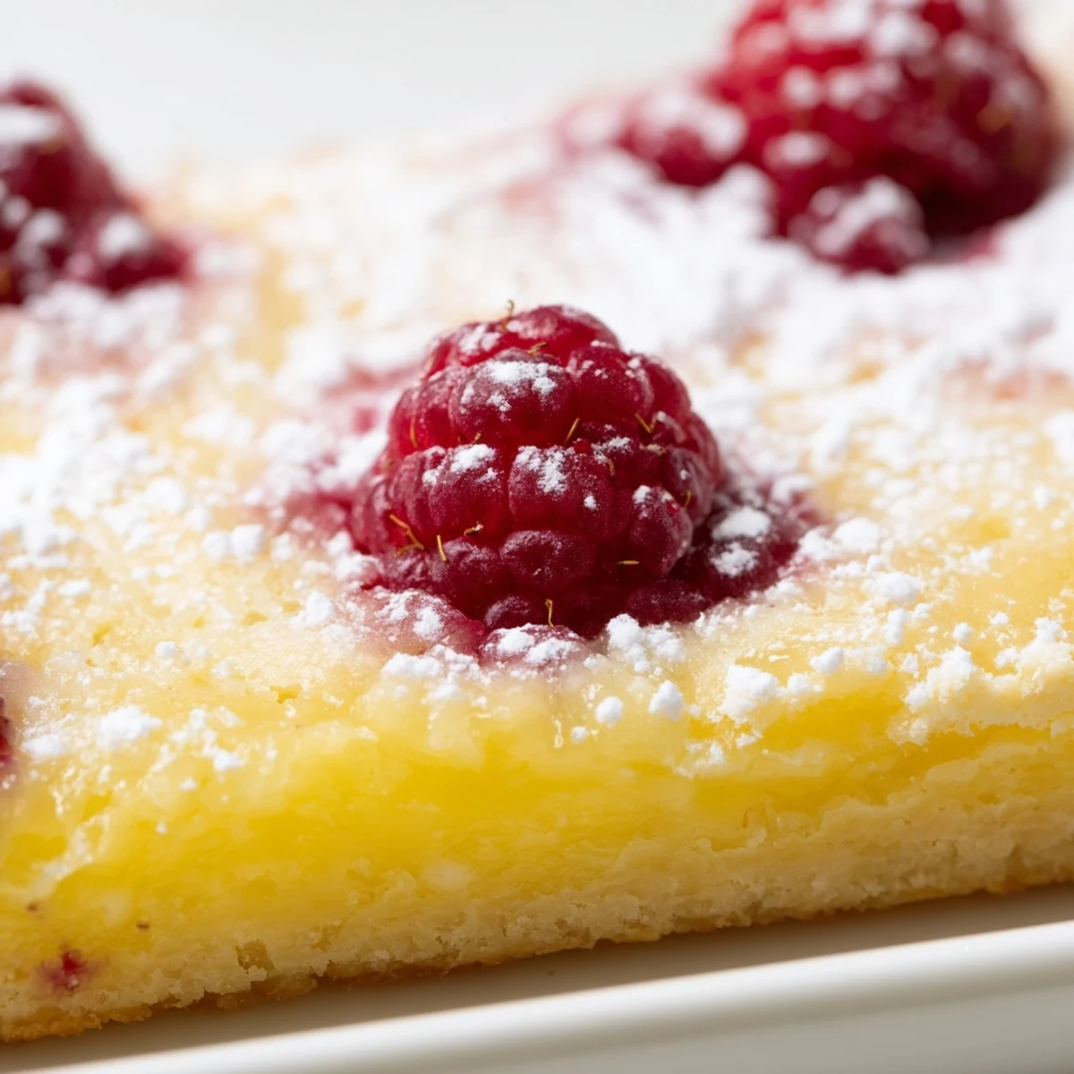 Square lemon raspberry bars featuring bright red berries and creamy yellow filling