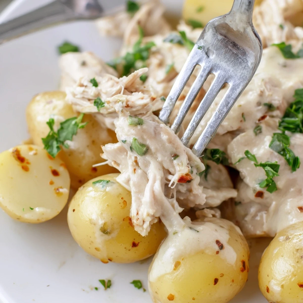 Golden Slow Cooker Garlic Parmesan Chicken Potatoes with tender meat and melted cheese topping