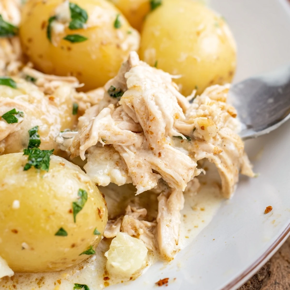 Creamy Slow Cooker Garlic Parmesan Chicken Potatoes featuring fork-tender potatoes and juicy seasoned chicken breasts