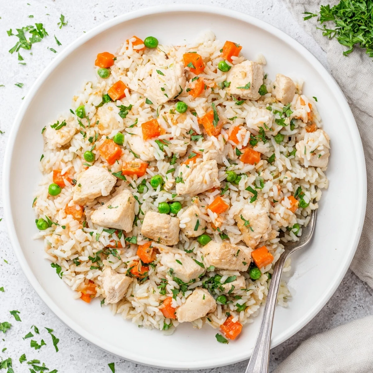Steamy bowl of Instant Pot chicken and rice with tender chunks, colorful vegetables, and fluffy white grains