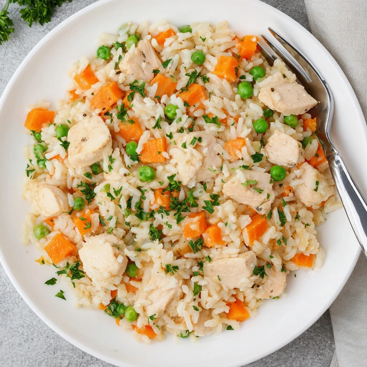 Garnished with fresh parsley, this hearty Instant Pot chicken and rice recipe features perfectly cooked chicken and fluffy rice alongside tender carrots