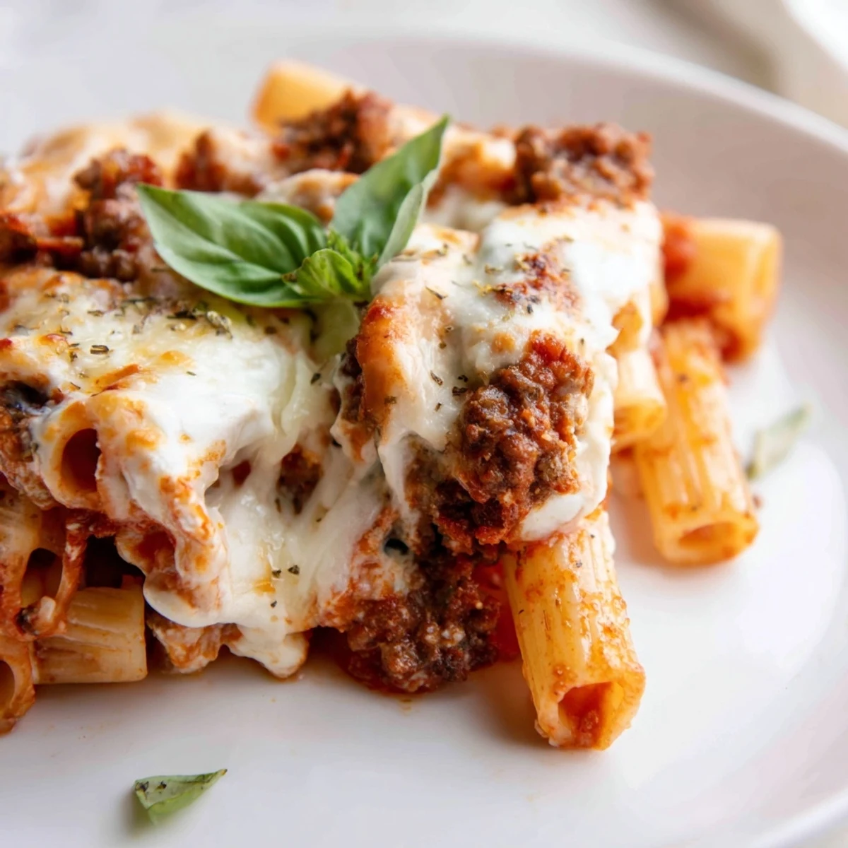 Comforting baked ziti pasta layered with creamy ricotta and bubbly cheese topped with fresh basil