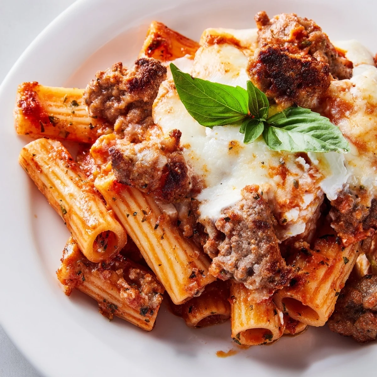 Slow cooker baked ziti with melted mozzarella and Italian sausage in a rich tomato sauce