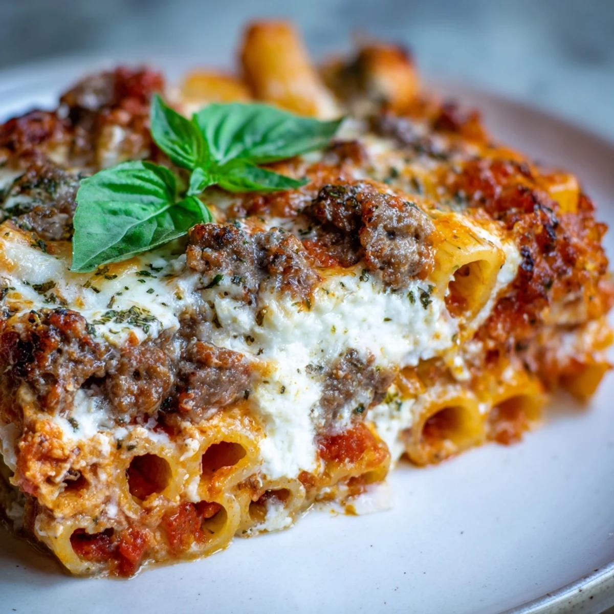 Easy slow cooker baked ziti featuring tender ziti noodles, savory sausage, and gooey melted cheese