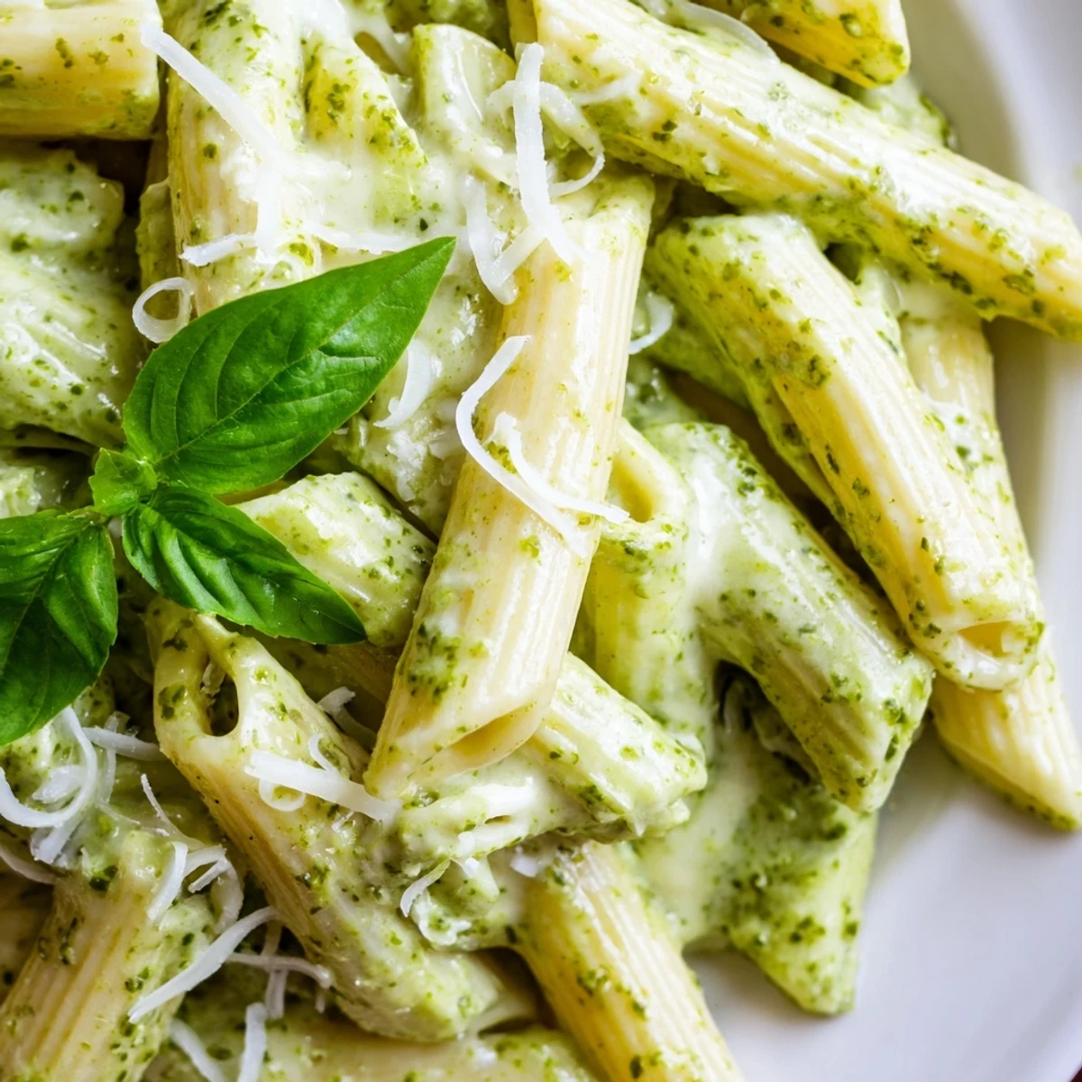 Creamy pesto pasta twirled on a white plate topped with fresh basil leaves and grated Parmesan