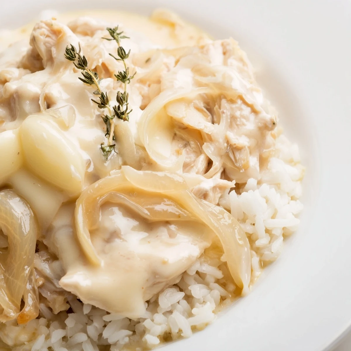 Golden chicken and rice simmered in rich French onion sauce with melted Gruyère cheese topping
