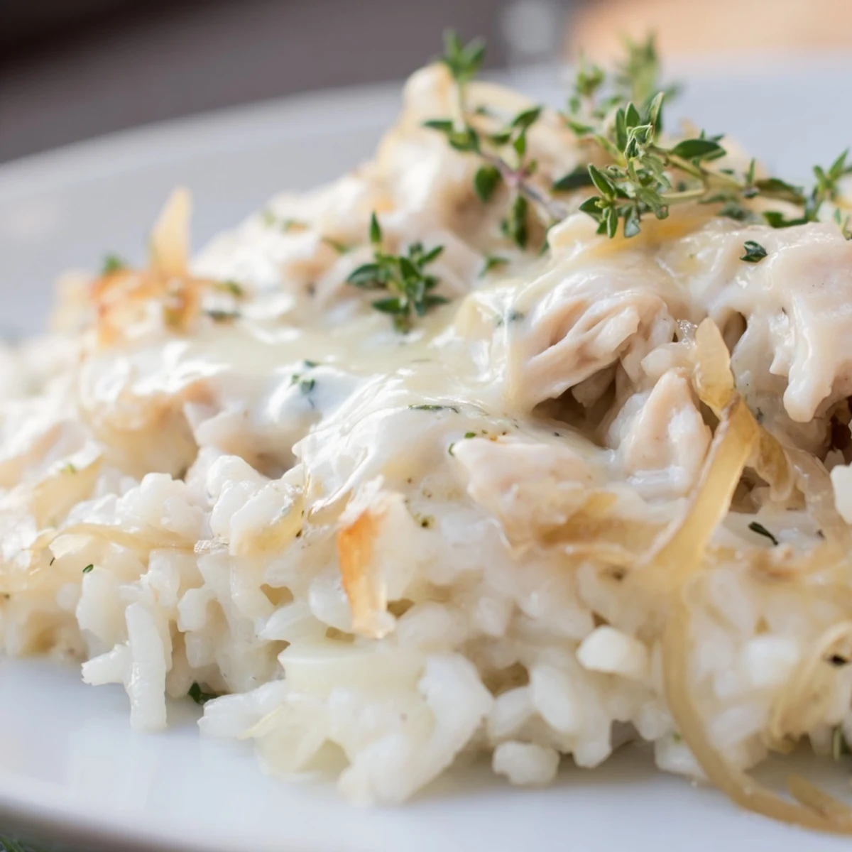One-pot French onion chicken and rice dish bubbling with heavy cream and shredded cheese