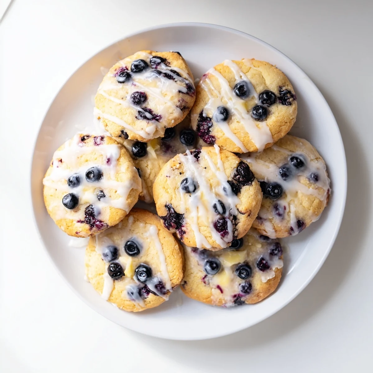 Batch of lemon blueberry cheesecake cookies with golden edges and purple blueberry streaks